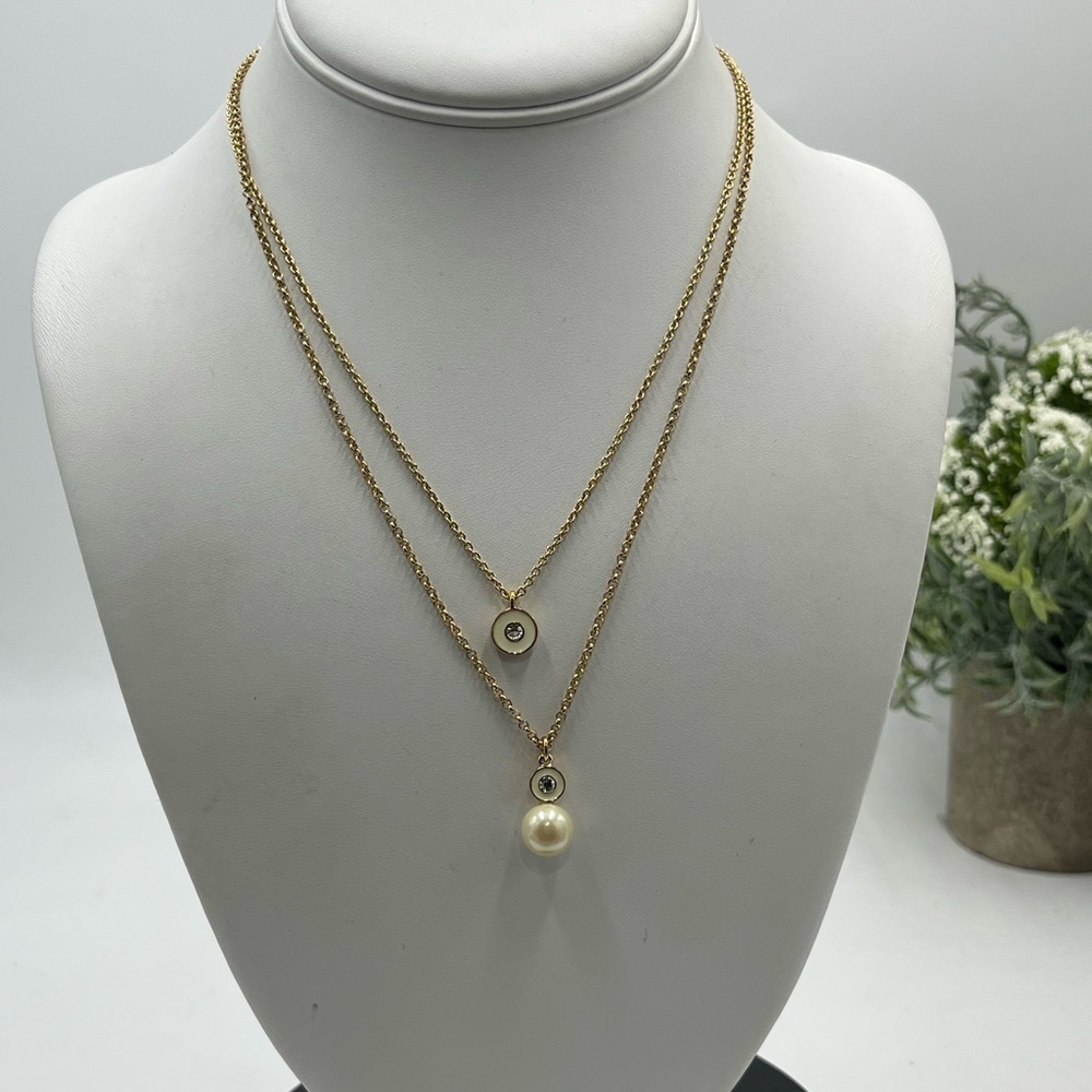 Kate Spade White Pearly Delight Double Pendant Crystal Gold Plated Necklace